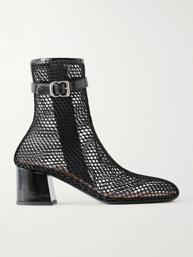 fishnet 55 patent leather trimmed mesh ankle boots