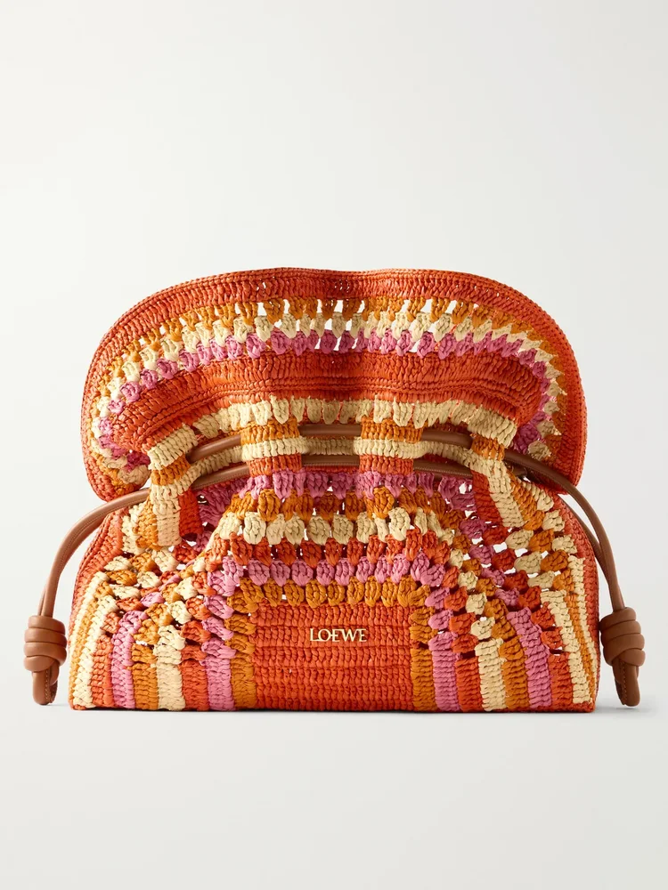Paula's Ibiza Flamenco mini leather-trimmed crocheted raffia clutch