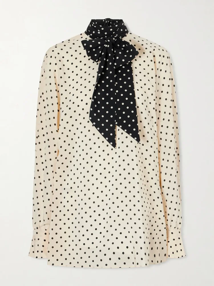 Scarf-detailed polka-dot silk crepe de chine blouse