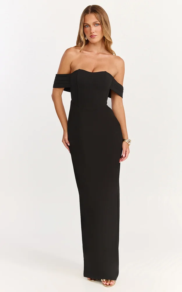 Showpo Karina Maxi Dress - Off Shoulder Corset Bodice Lace Up Back Dress in Black