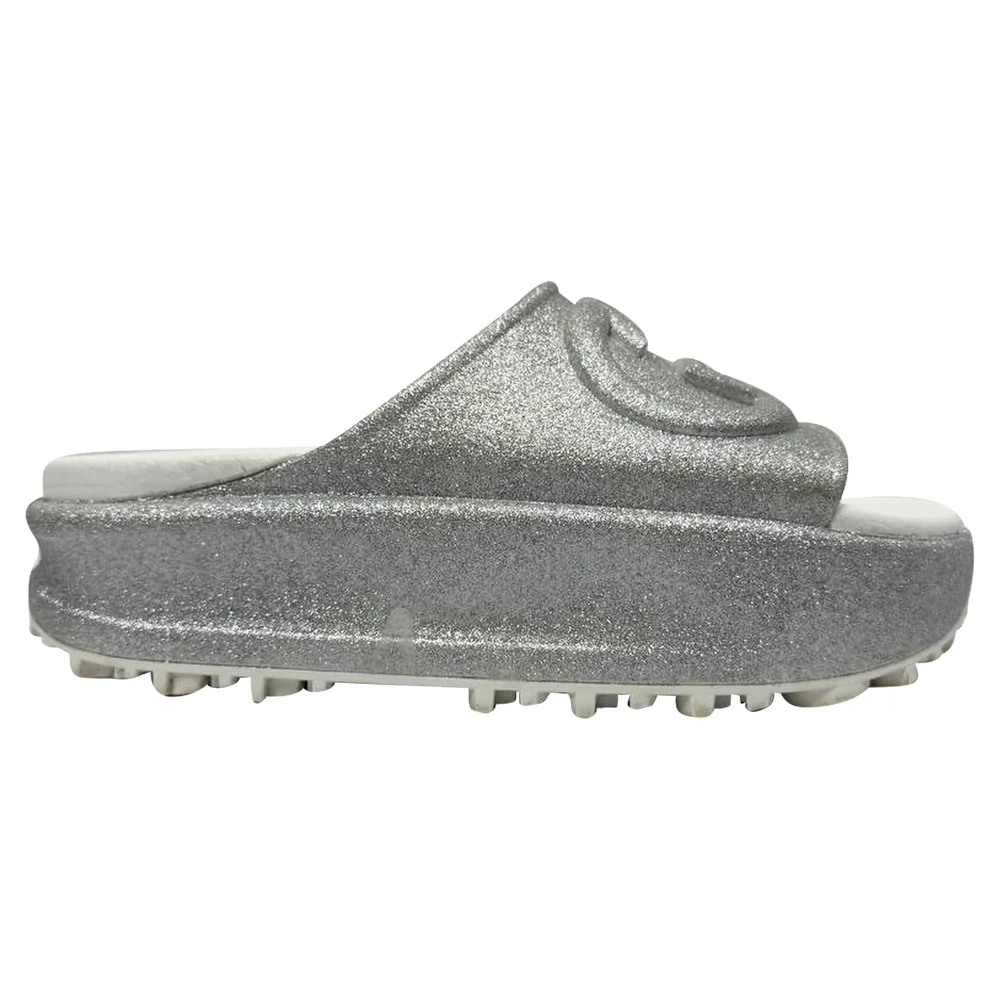 Pre-Owned GG Logo Glittered Slide Sandals in Silver Rubber
