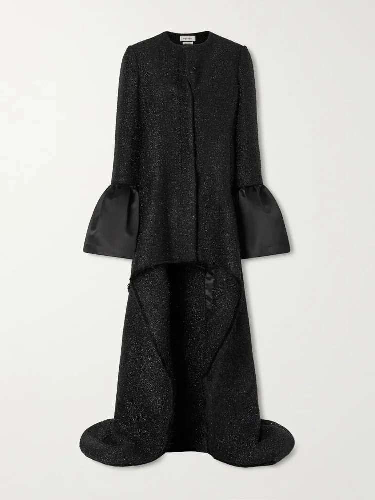 Asymmetric satin-trimmed metallic long coat