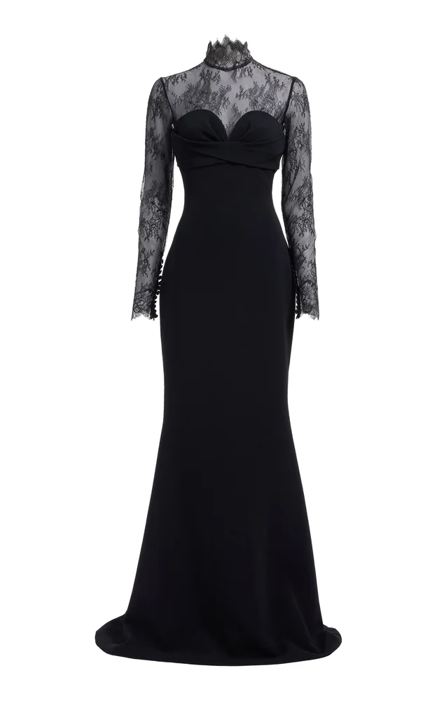 Long-Sleeve Cady-Lace Gown