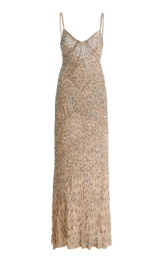 Stardust Embroidered Silk-Chiffon Sheath Gown