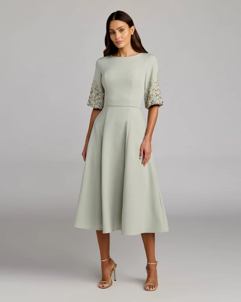 Green Crepe A Line Midi Dress With Beaded Sleeves