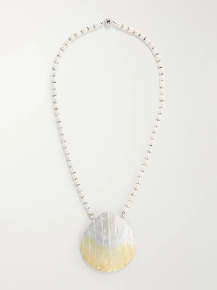 Perla rhodium-plated, pearl and crystal beaded necklace