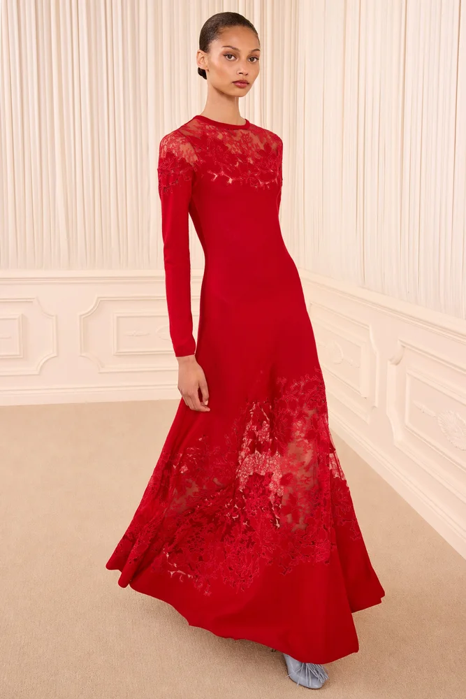Ulla Johnson Clemence Long Sleeve Lace Dress Cerise