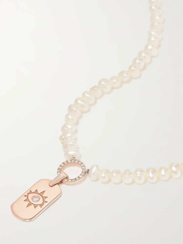 Evil Eye 14-karat rose gold, pearl and diamond necklace