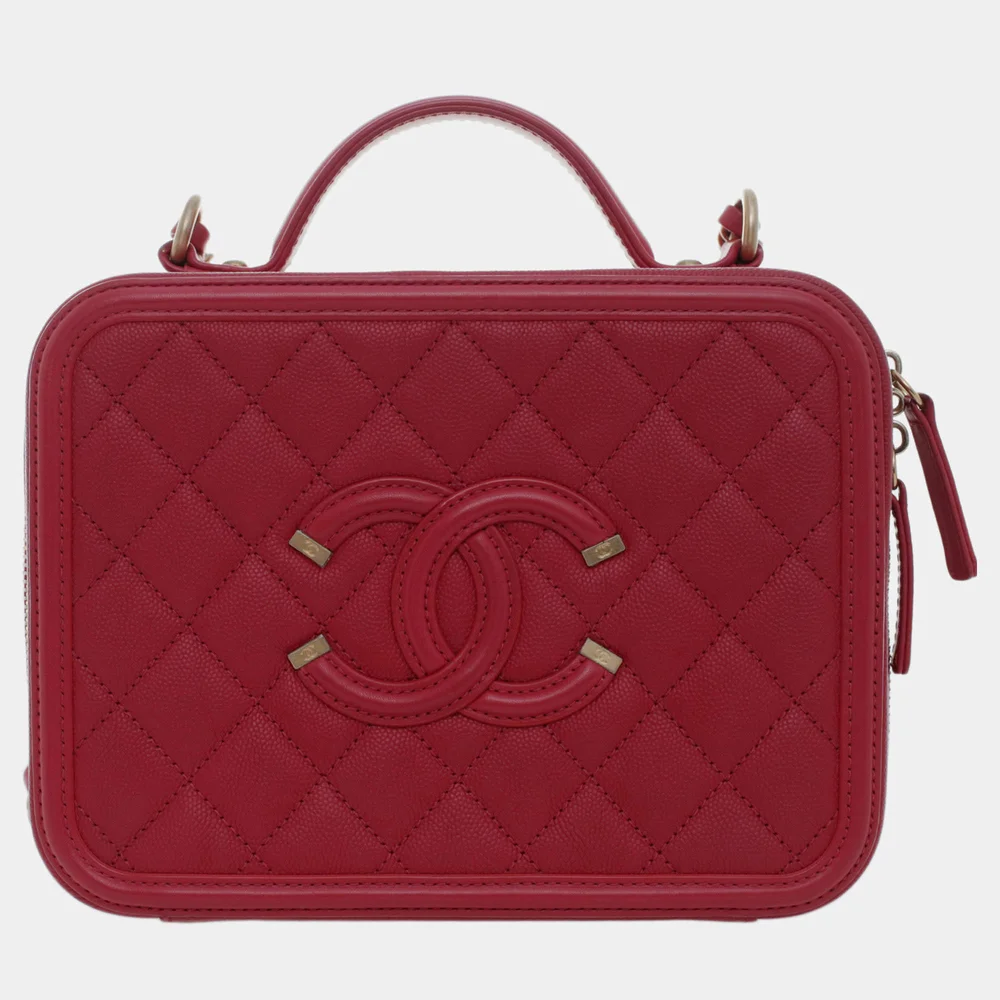 Filigree Vanity Case Medium Red Caviar Leather Top Handle Bag