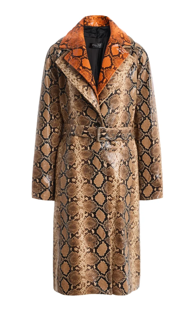 Double-Collar Snake-Print Leather Trench Coat
