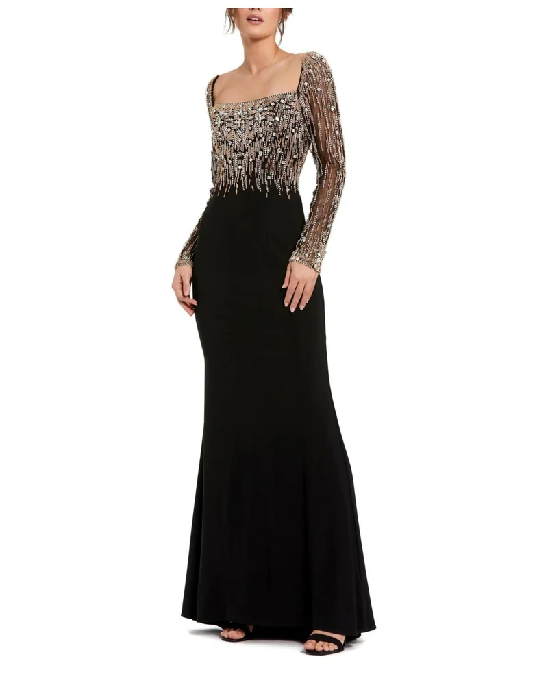 Beaded Embellished Square Neck Long Sleeve Jersey Gown