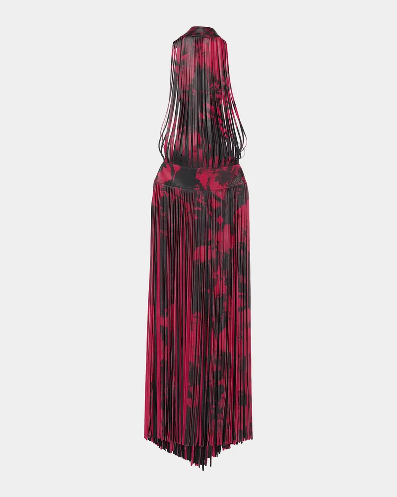 Floral-Print Leather Fringe Maxi Dress