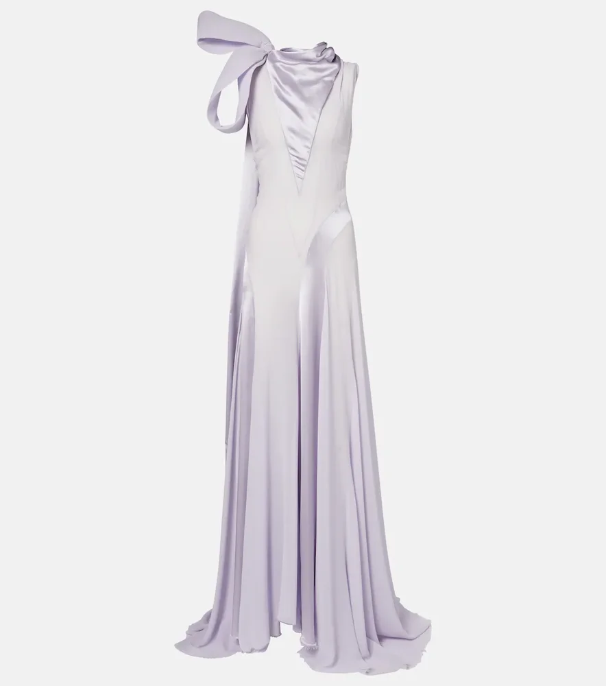 Bow-detail satin-paneled silk georgette gown