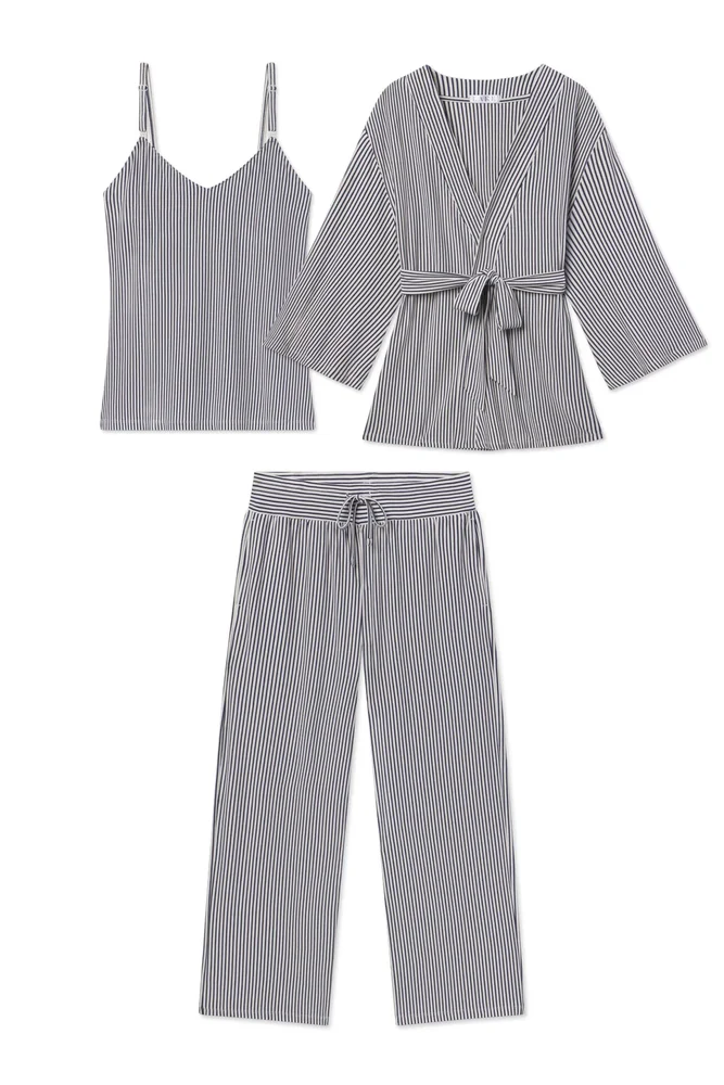 Lakepajamas Maternity Dream Modal Kimono Three-Piece Set in Blue Depths Pencil Stripe XS