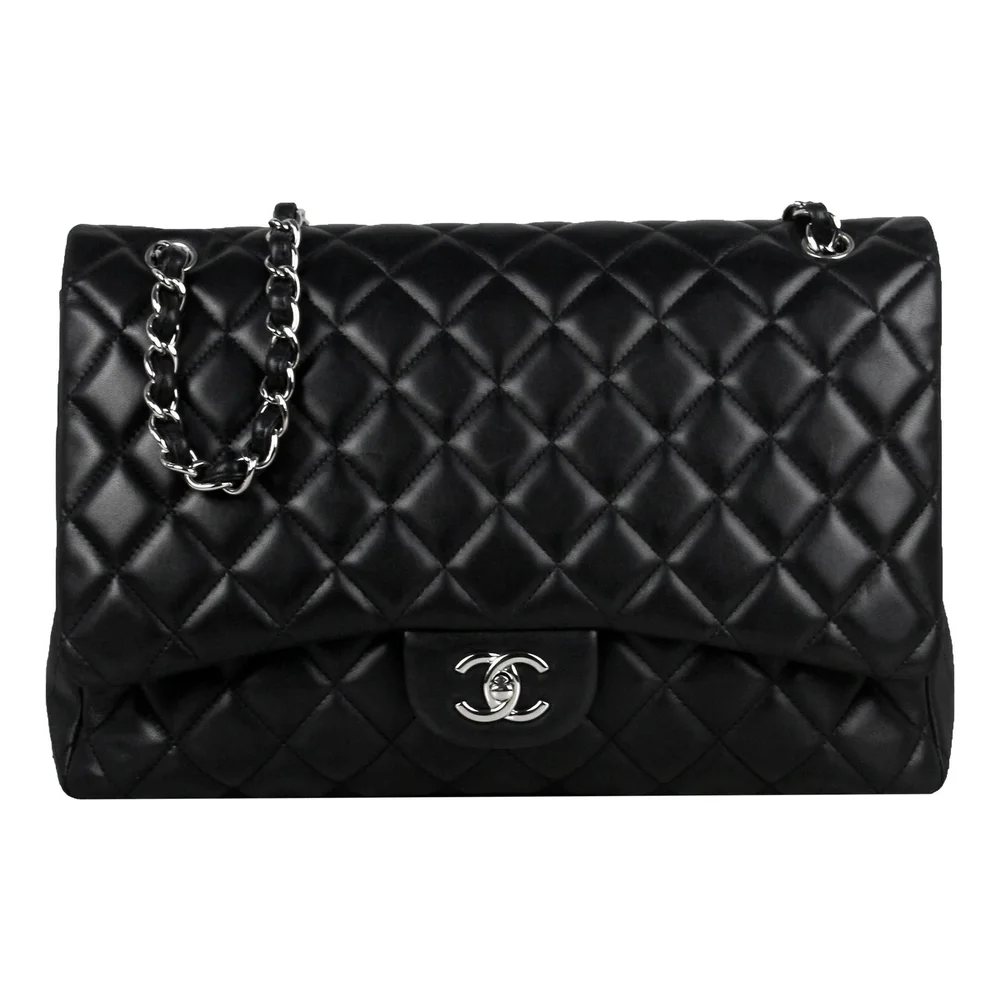 Pre-Owned Black Lambskin Leather Quilted Single Flap Maxi Bag