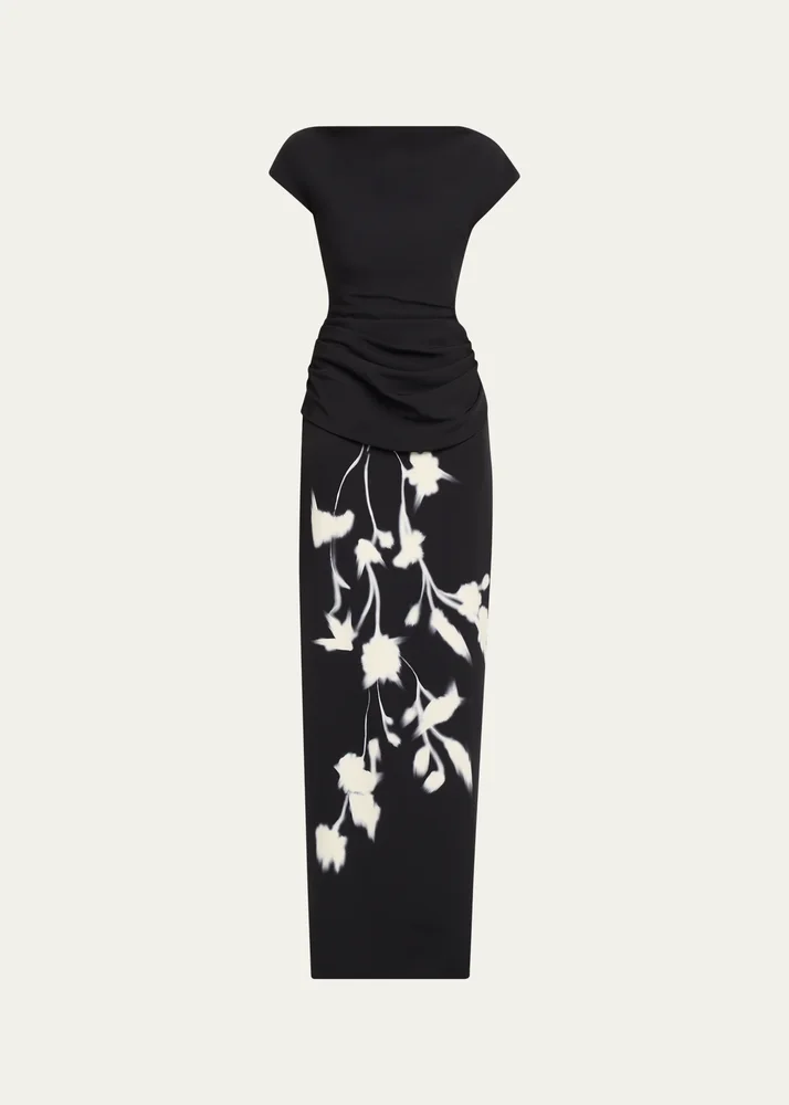 Floral Crepe Boat-Neck Draped Column Gown