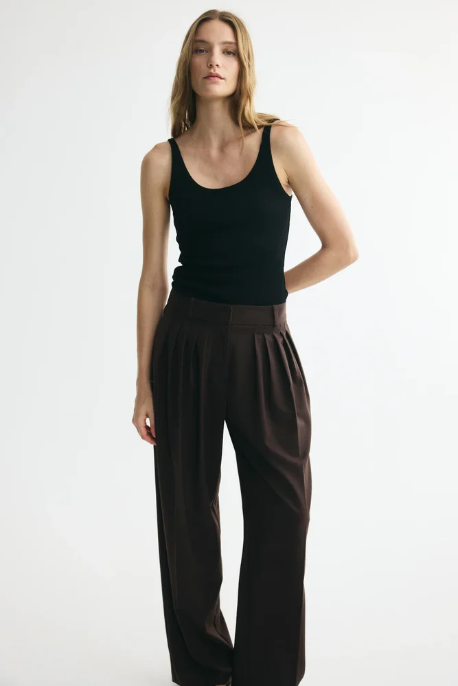 Wide-Leg Pleated Pants, Dark Brown