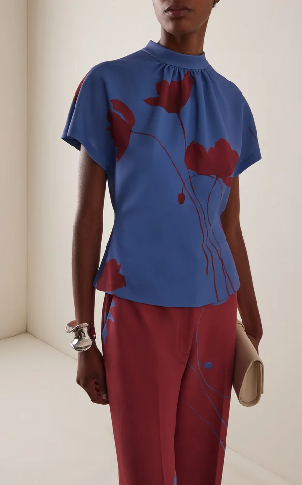 Exclusive Floral Printed Crepe Mock Neck Short Sleeve Top