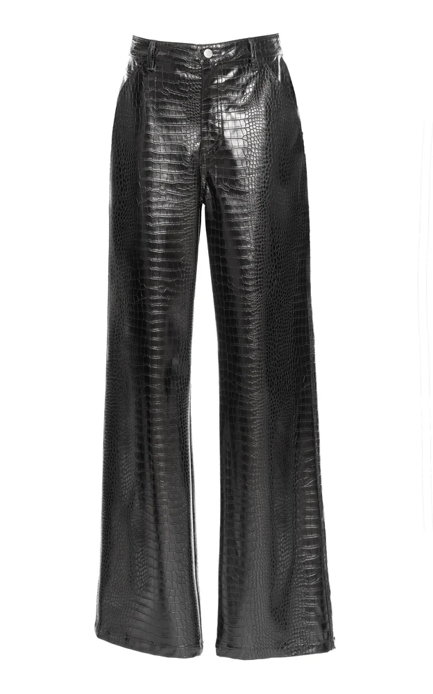 Croc-Embossed Faux Metallic Leather Wide-Leg Pants