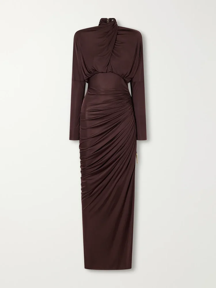 Draped jersey turtleneck maxi dress