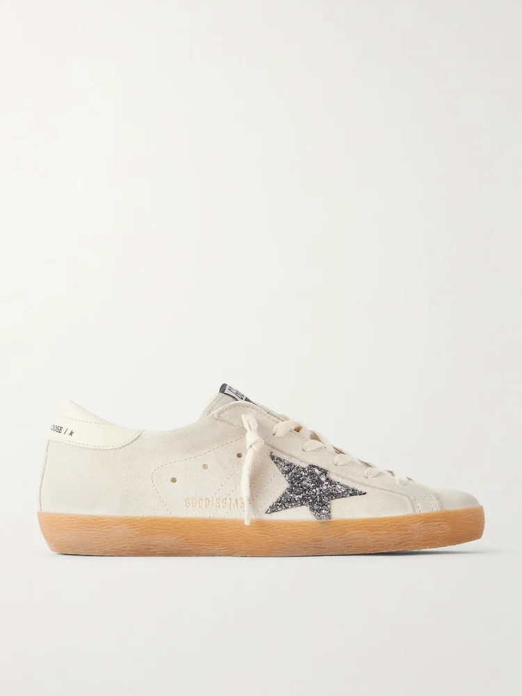 Super-Star distressed glittered leather-trimmed suede sneakers