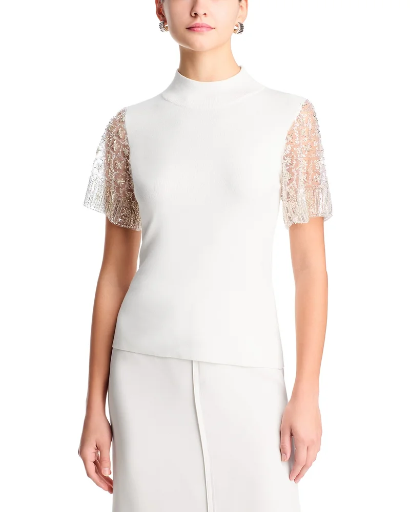 Sequin Beaded Flutter Sleeve Mock Neck Sweater