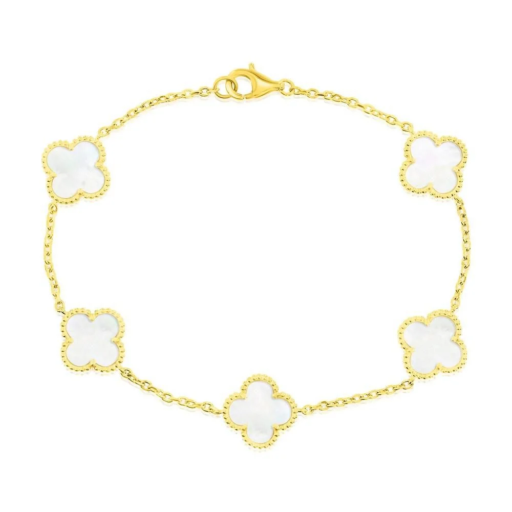 Sterling Silver, Mother of Pearl Clover, Beaded Outline Bracelet