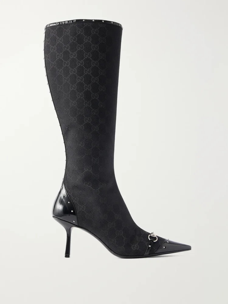 Savoy horsebit-embellished leather-trimmed canvas-jacquard knee boots