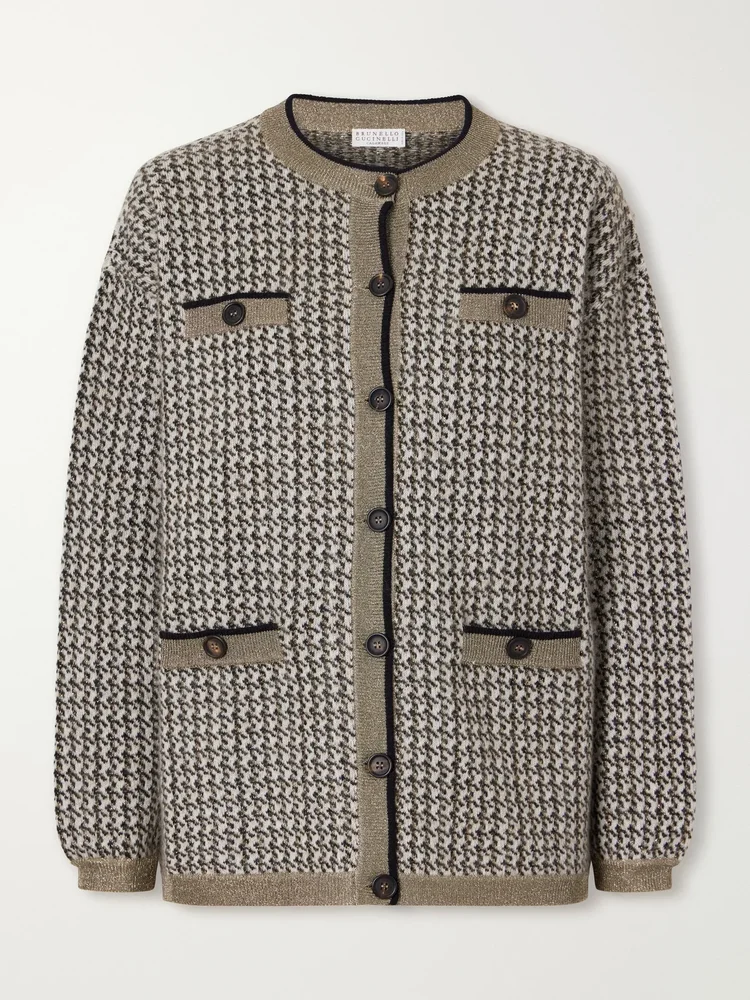 Rib-trimmed houndstooth knitted cardigan