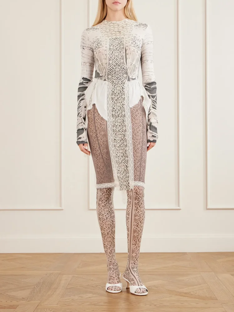 Past Edges printed lace-trimmed stretch-jersey bodysuit