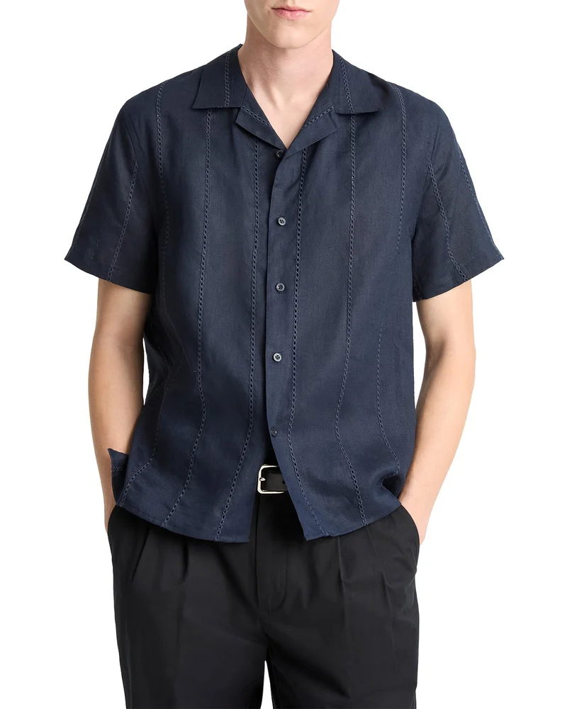 Linen Eyelet Stripe Short Sleeve Cabana Shirt