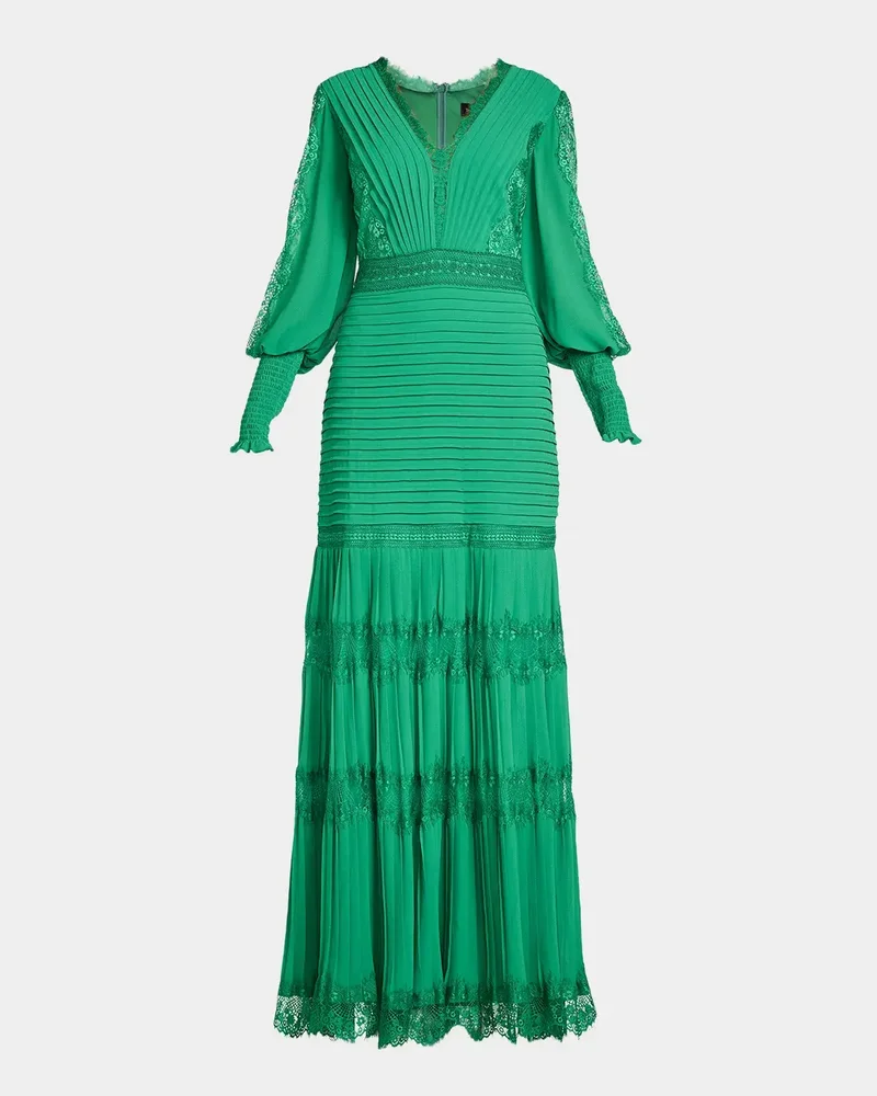 Tiered Bishop-Sleeve Pleated Lace Gown