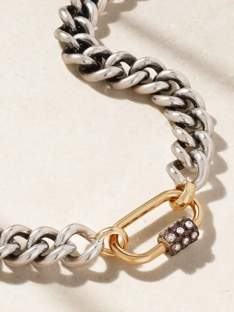 Consuelo Lock + Mega Curb Chain sterling silver, 14-karat gold and diamond necklace