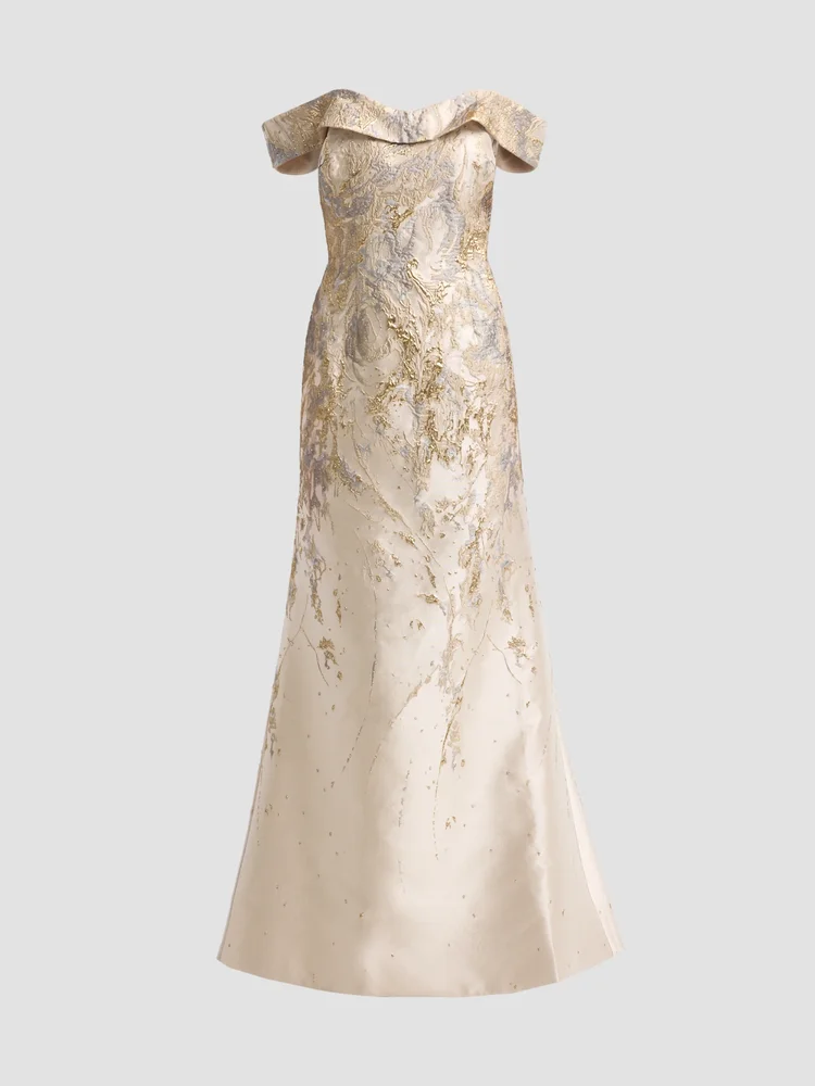 Jacquard Off-the-Shoulder Mermaid Gown