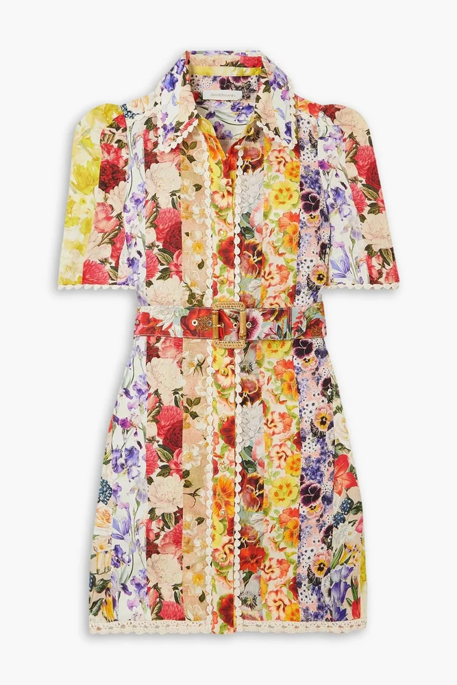 Zimmermann — Belted Floral-Print Linen Mini Shirt Dress
