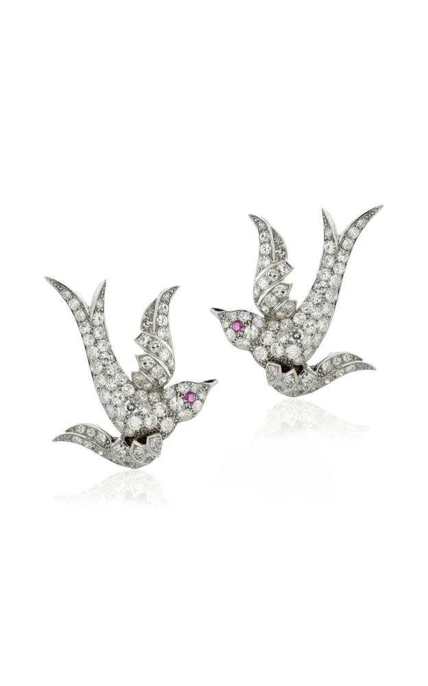 Platinum Diamond and Ruby Swallow Earrings