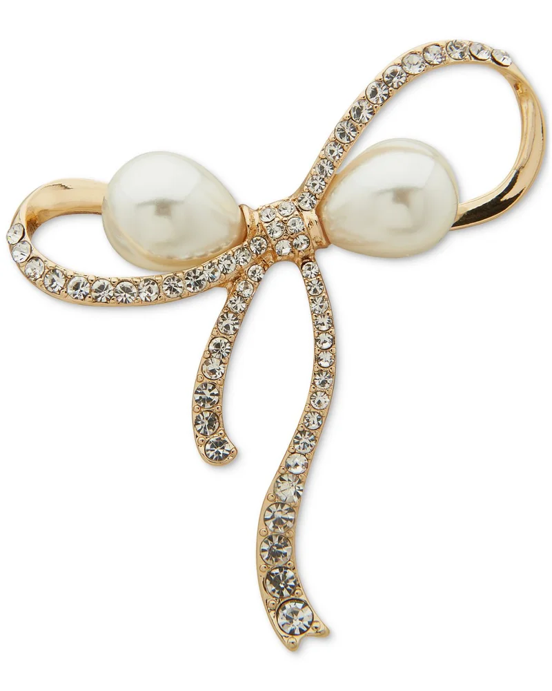 Gold-Tone Imitation Pearl & Crystal Pavé Ribbon Bow Pin
