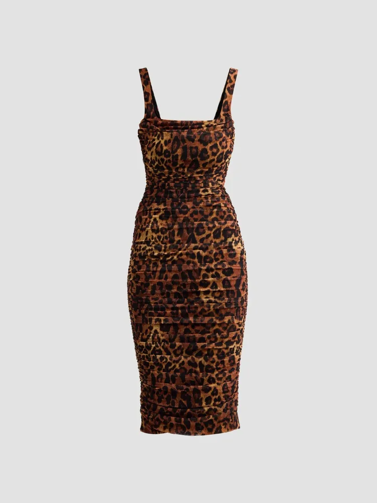Anya Leopard-Print Shirred Midi Dress