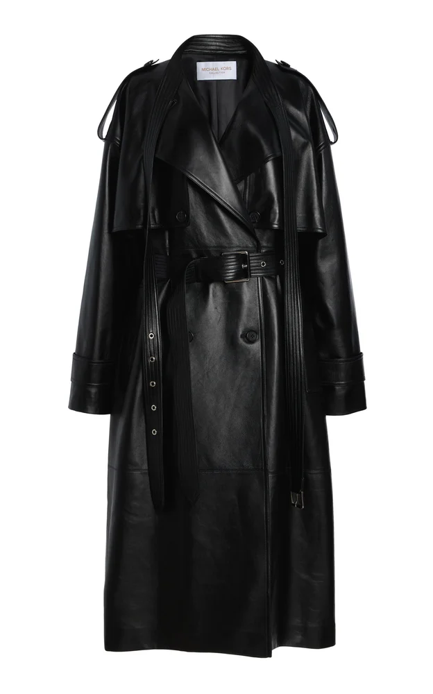 Scarf-Detailed Leather Trench Coat