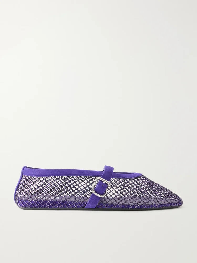 La Ballerine crystal-embellished suede-trimmed mesh ballet flats