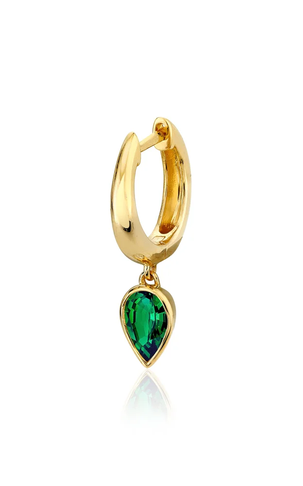 18K Yellow Gold and Emerald Pear Drop Single Huggie Earring