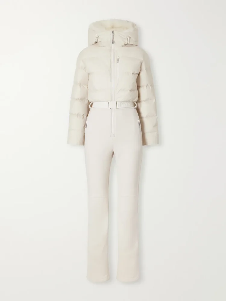 Belted quilted shell down ski suit