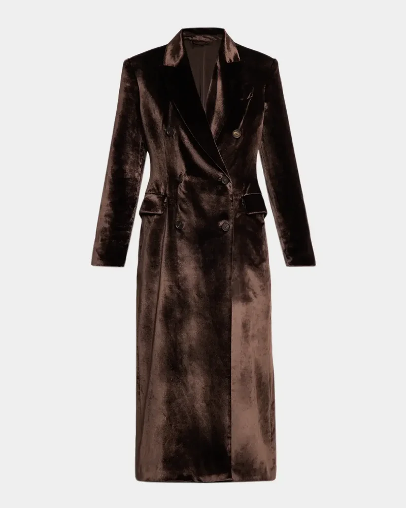 Liquid Velvet Double-Breasted Long Overcoat