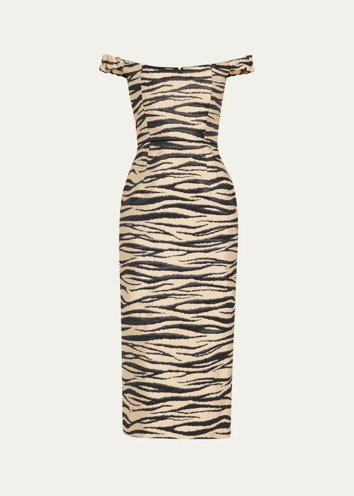 Amina Off-The-Shoulder Animalier Jacquard Midi Dress