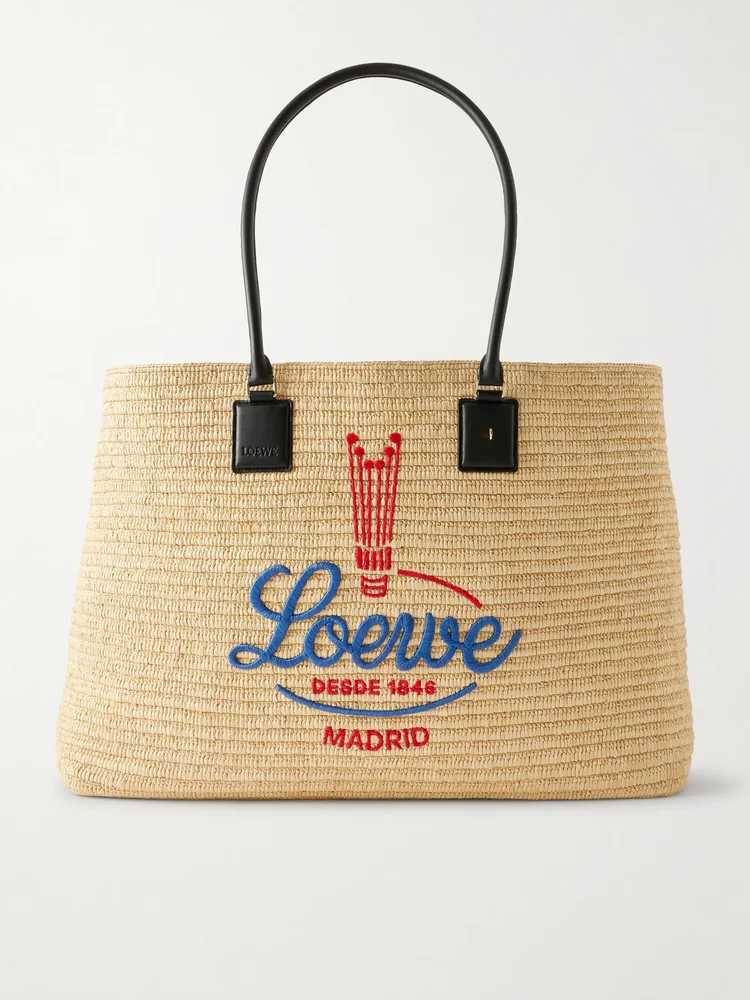 Verano embroidered leather-trimmed raffia tote - cream - One Size