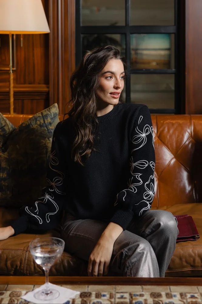 Bow Sleeve Crew Neck Sweater in Black