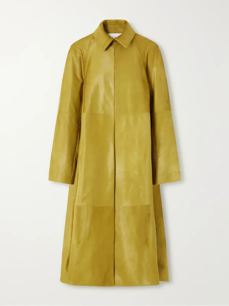 Paneled calf hair trench coat