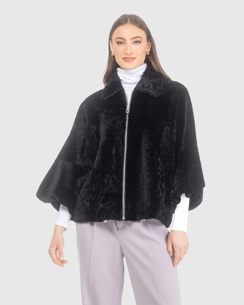 Textured Shearling Lamb Zip Jacket with Cropped Sleeves
