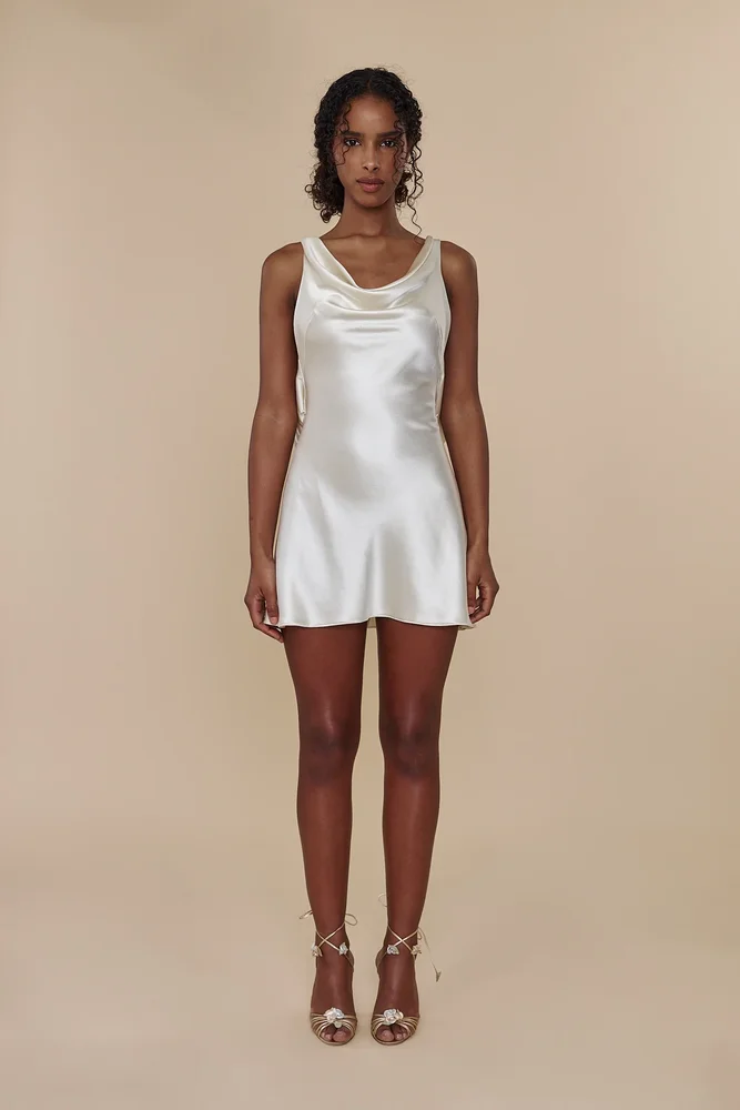 Plunging Back Cowl Mini Dress in Pearl