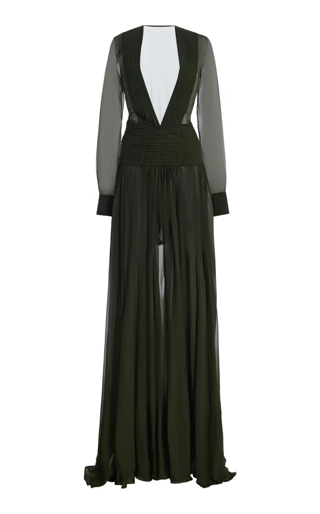 Plunging Neckline Silk-Blend Maxi Dress